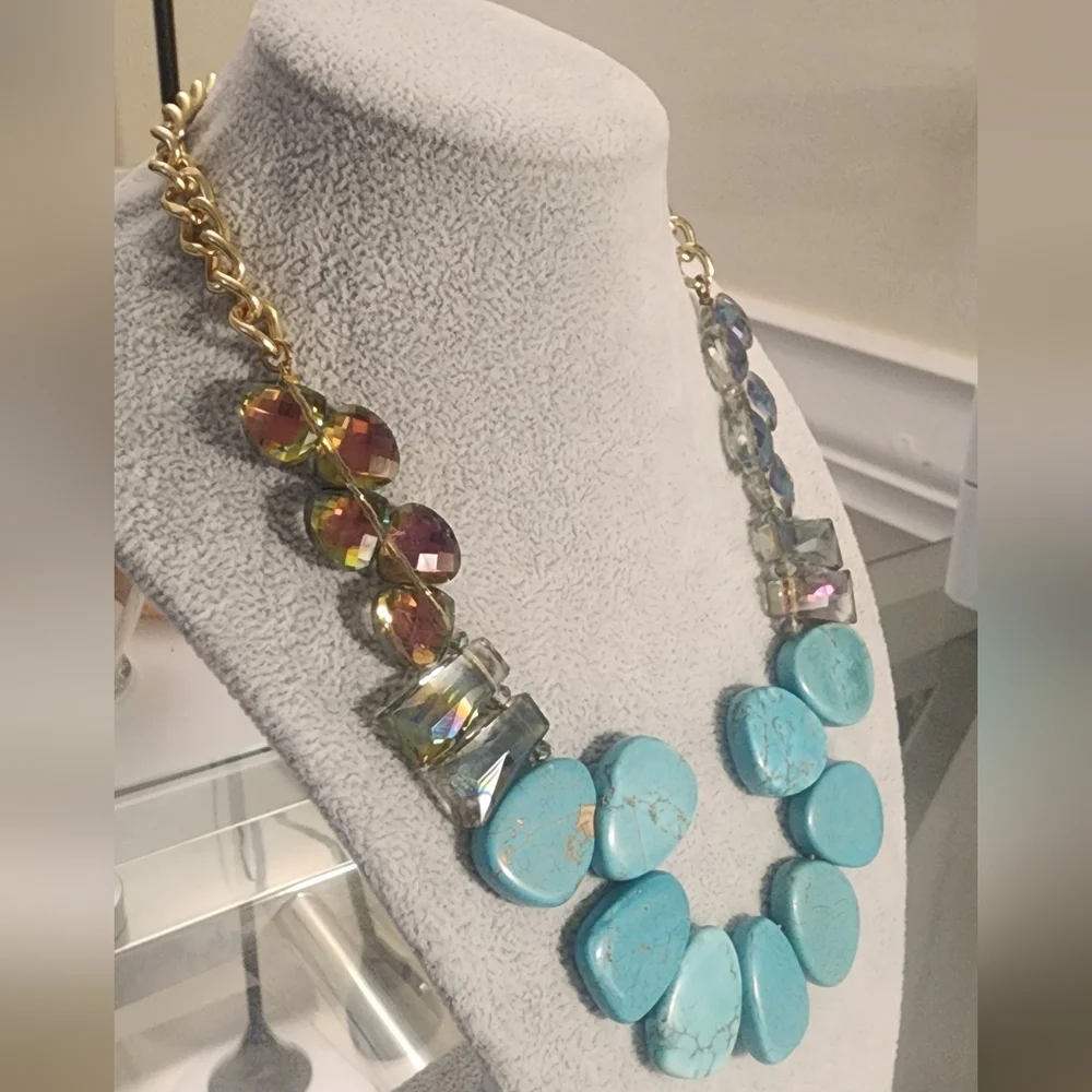 Turquoise and‎ Gold Tone Statement Necklace.